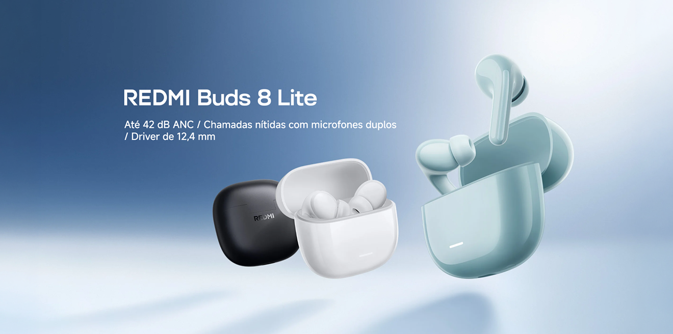 REDMI Buds 8 Lite — ANC 42 dB, microfones duplos, driver 12,4 mm